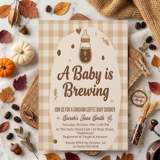 Invitation Un bébé prépare du café Gingham Neutre du point de