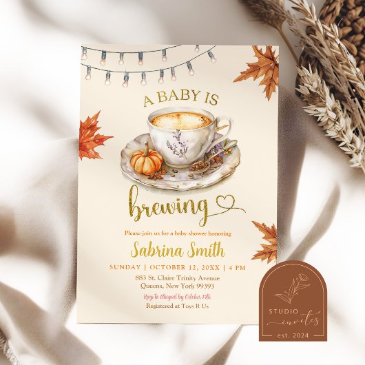 Invitation Un bébé prépare un café Fête de bébé avec feuilles