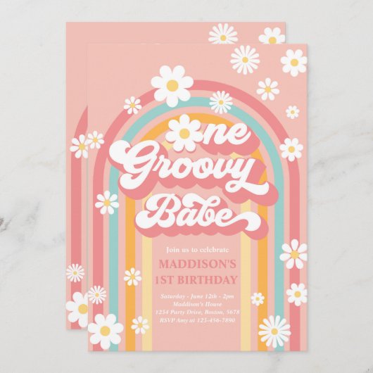 Invitation Un bébé Super Boho Daisy Rainbow 1er anniversaire (Devant / Derrière)