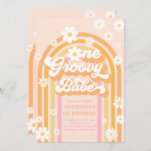 Invitation Un bébé Super Boho Daisy Rainbow 1er anniversaire (Devant / Derrière)