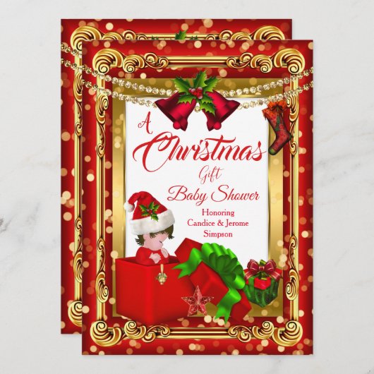 Invitation Un cadeau de Noël Baby shower garçon Red Gold (Devant / Derrière)