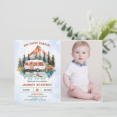 Invitation Un Camper Joyeux 1er Anniversaire Photo Camping (Debout devant)
