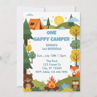 Invitation Un campeur heureux, animaux 1er anniversaire