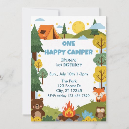 Invitation Un campeur heureux, animaux 1er anniversaire (Devant)
