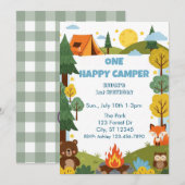 Invitation Un campeur heureux, animaux 1er anniversaire (Devant / Derrière)