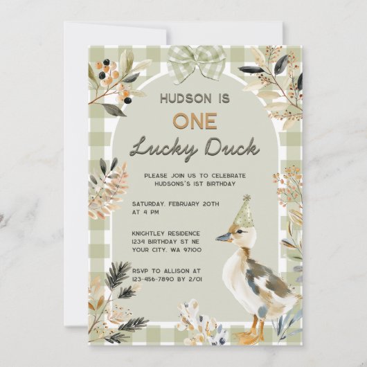 Invitation Un canard chanceux mignon canard En vichy 1er anni (Devant)