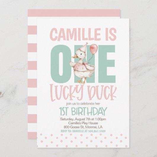 Invitation Un canard chanceux premier anniversaire (Devant / Derrière)