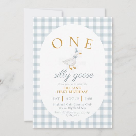 Invitation UN Canard Silly Bleu Gingham Daisy Premier Anniver (Devant)