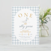 Invitation UN Canard Silly Bleu Gingham Daisy Premier Anniver (Debout devant)