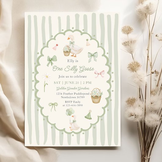 Invitation Un Canard Silly Goose Anniversaire rayé vert