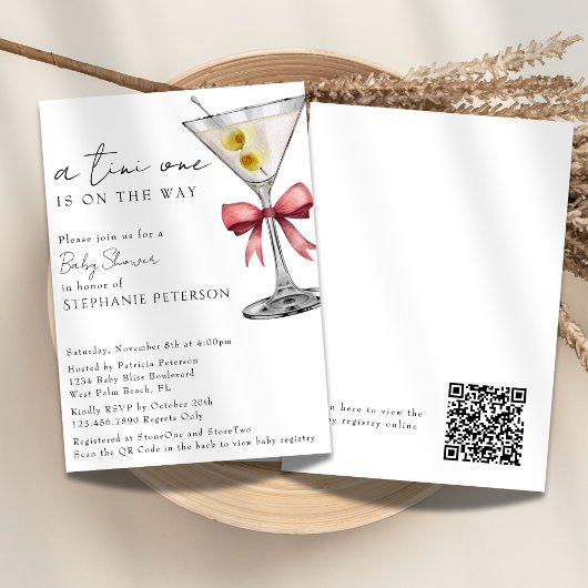 Invitation Un code QR simple Tini One Rose Martini Baby Showe