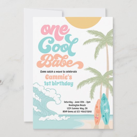 Invitation Un Cool Babe Retro Surf 1er fête d'anniversaire (Devant)