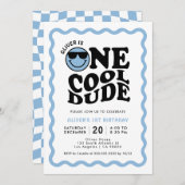 Invitation Un Cool Dude Blue Happy Face Boy 1er anniversaire (Devant / Derrière)