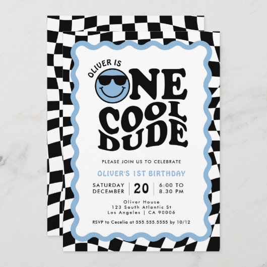 Invitation Un Cool Dude Blue Smile Face garçon 1er anniversai (Devant / Derrière)