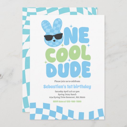 Invitation Un Cool Dude Boy Spring Bunny 1er fête d'anniversa (Devant / Derrière)