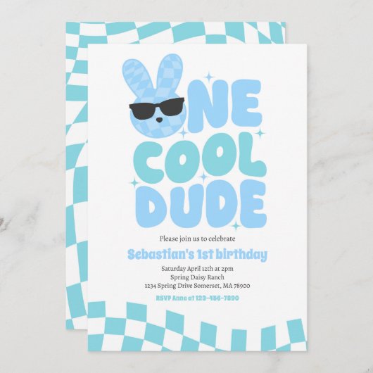 Invitation Un Cool Dude Boy Spring Bunny 1er fête d'anniversa (Devant / Derrière)