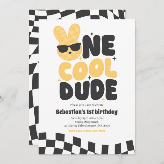 Invitation Un Cool Dude Boy Spring Bunny 1er fête d'anniversa (Devant / Derrière)