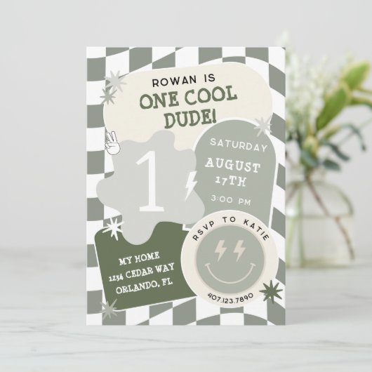 Invitation Un Cool Dude Retro Checkerboard 1er Anniversaire (Debout devant)