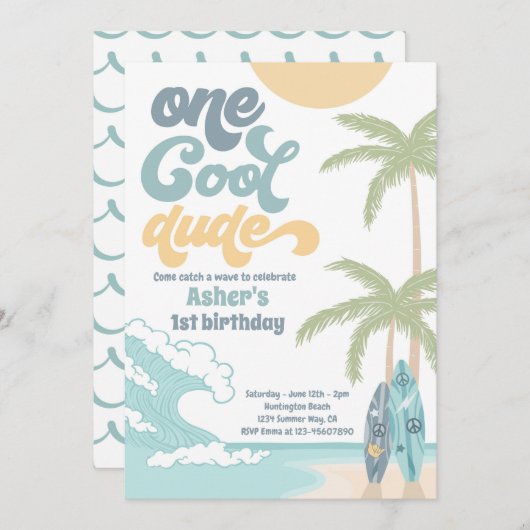 Invitation Un Cool Dude Retro Surf 1er anniversaire (Devant / Derrière)