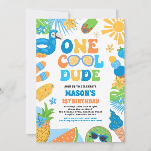 Invitation Un Cool Dude Tropical Été 1er Anniversaire (Devant)