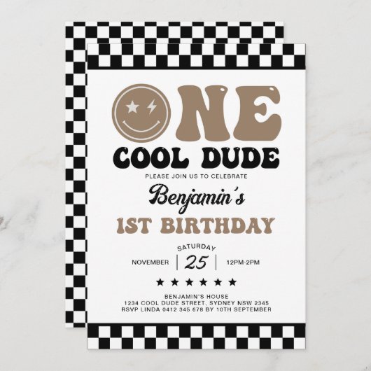 Invitation Un Cool mec Happy Face Boy 1ère fête d'anniversair (Devant / Derrière)