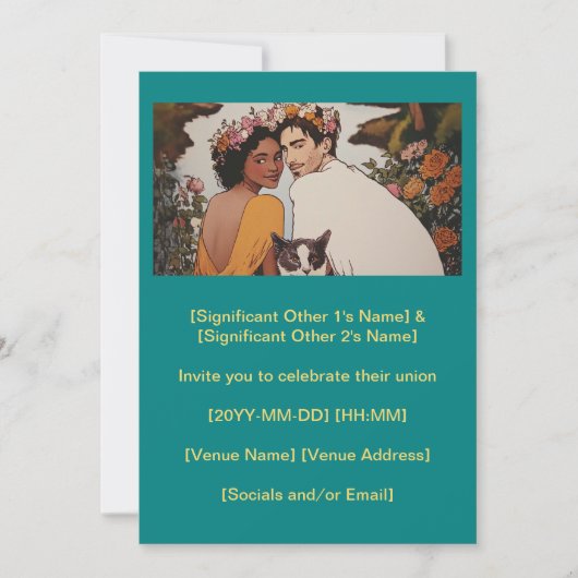 Invitation Un couple multiculturel turquoise fleurit art avec (Devant)