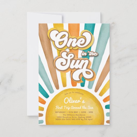 Invitation Un dans le soleil Retro Sunshine 1er fête d'annive (Devant)