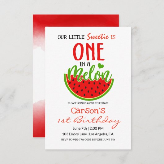 Invitation Un dans un melon | Bébé Anniversaire (Devant / Derrière)