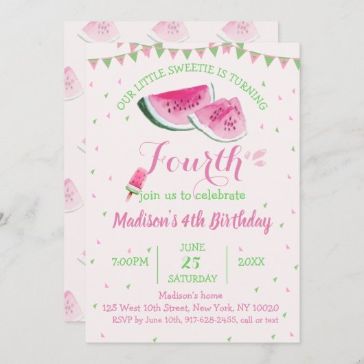 Invitation Un Dans Un Melon Cute Watermelon Quatrième anniver (Devant / Derrière)