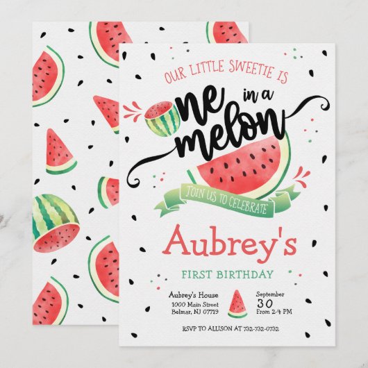 Invitation Un dans un Melon Fille au Pastèque Premier Anniver (Devant / Derrière)