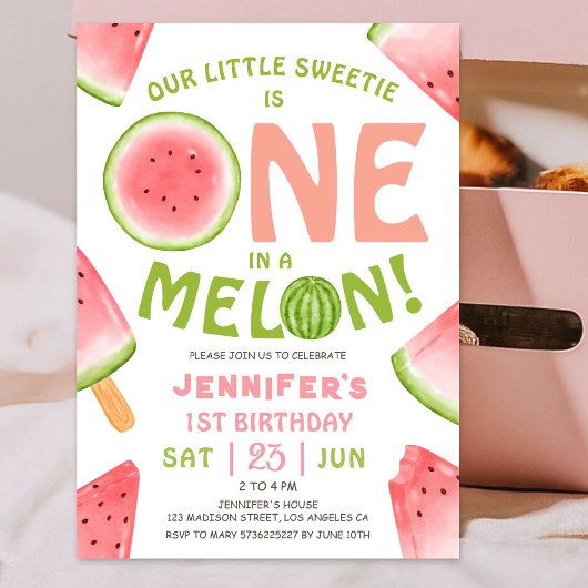 Invitation UN dans un Melon ! Fille Pastèque Rose 1er Anniver