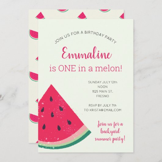Invitation Un dans un melon premier anniversaire (Devant / Derrière)