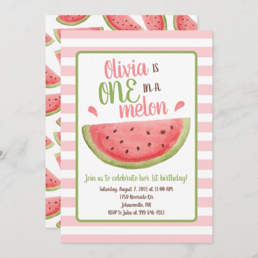 Invitation Un dans un Melon Watermelon 1er Birthday Invitatio (Devant / Derrière)