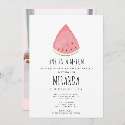 Invitation Un dans un Melon Watermelon Première fête d'annive (Devant / Derrière)