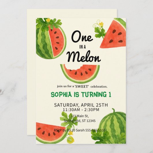 Invitation Un dans une pastèque ! 1ère fête d'anniversaire (Devant / Derrière)