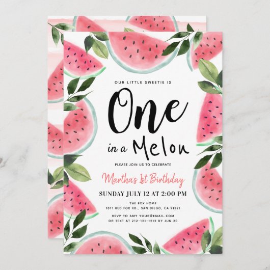 Invitation Un dans une pastèque Melon Aquarelle 1er Anniversa (Devant / Derrière)
