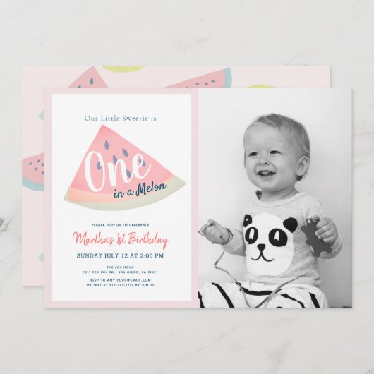Invitation Un dans une pastèque Melon Blanc 1er anniversaire (Devant / Derrière)