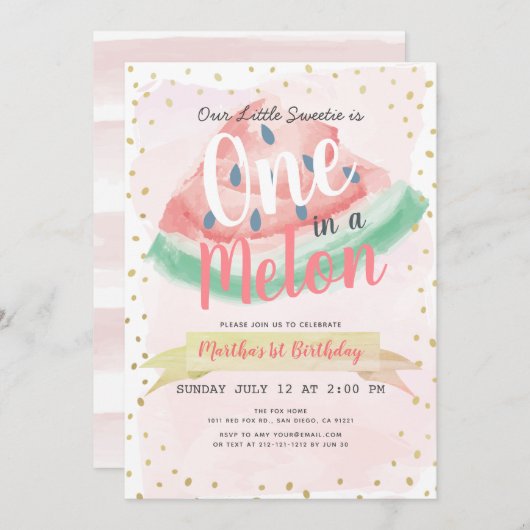 Invitation Un dans une pastèque Melon Rose fille 1er annivers (Devant / Derrière)