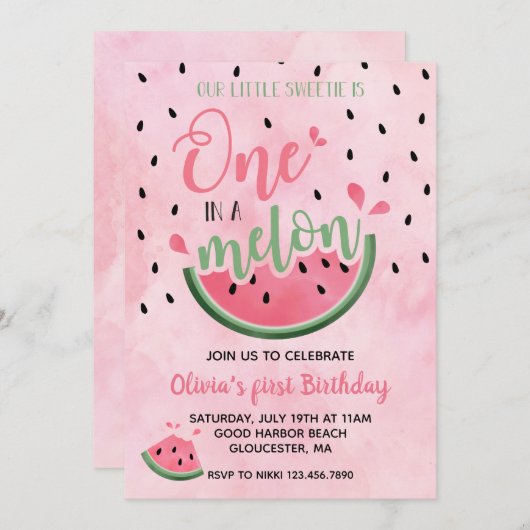 Invitation Un dans une pastèque Melon Watermelon 1er annivers (Devant / Derrière)