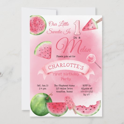 Invitation Un dans une pastèque rose melon 1er anniversaire (Devant)