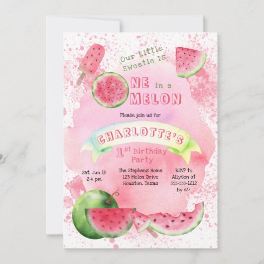 Invitation Un dans une pastèque rose melon 1er anniversaire (Devant)