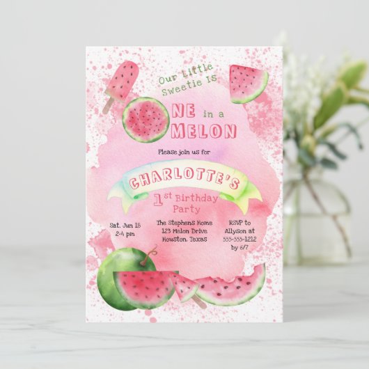 Invitation Un dans une pastèque rose melon 1er anniversaire (Debout devant)