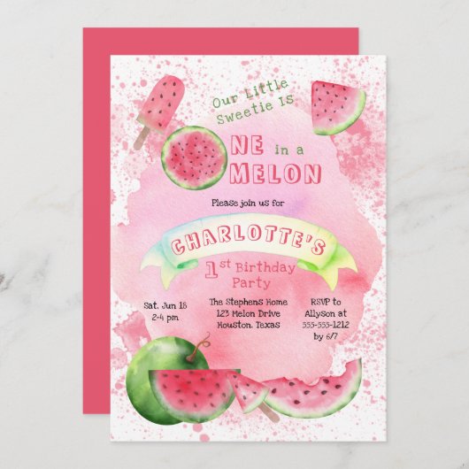 Invitation Un dans une pastèque rose melon 1er anniversaire (Devant / Derrière)