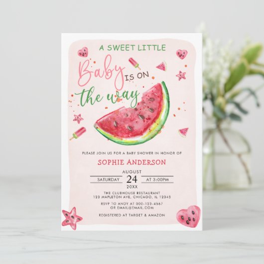 Invitation Un doux Baby shower de pastèque bébé (Debout devant)