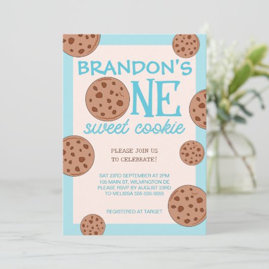Invitation Un doux biscuit bleu premier anniversaire (Debout devant)