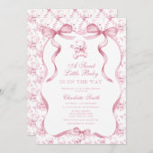 Invitation Un doux petit bébé Toile Ours Baby shower rose (Devant / Derrière)