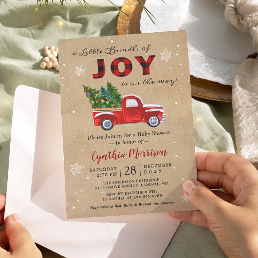 Invitation Un ensemble de Baby shower JOY Truck Red Plaid