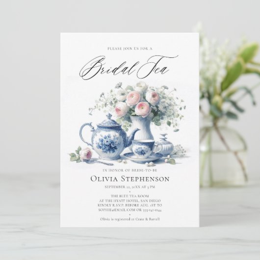 Invitation Un ensemble de thé bleu Toile Douche de thé nuptia (Debout devant)