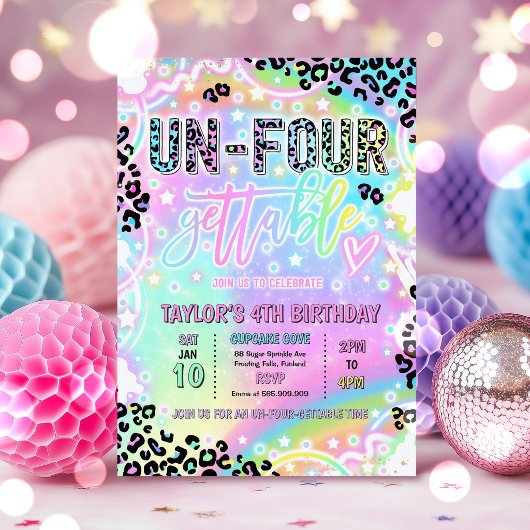 Invitation Un-Four-Gettable Rainbow Leopard 4th Birthday