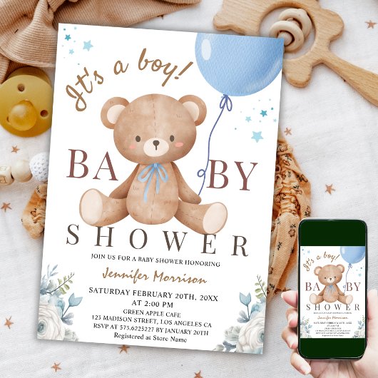 Invitation Un garçon | Baby shower Teddy Bear Blue Balloon